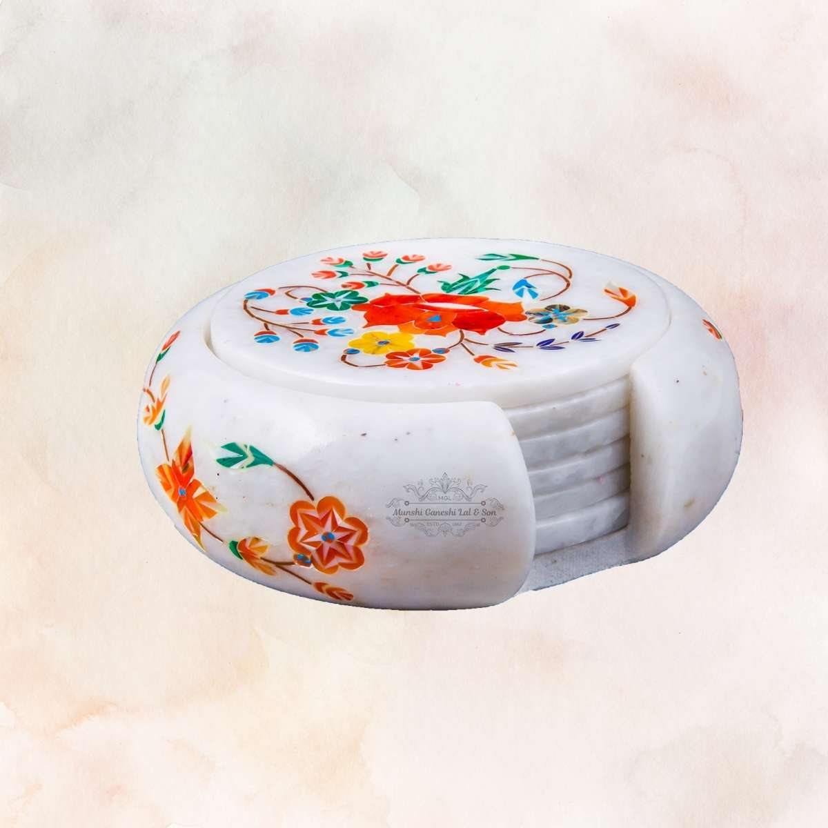 Orange and Yellow Flower Carved Design Marble Coaster